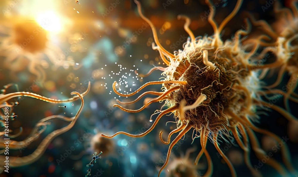 Poster microscopic view of nerve cell with glowing synapses and dendrites in golden and blue tones against 