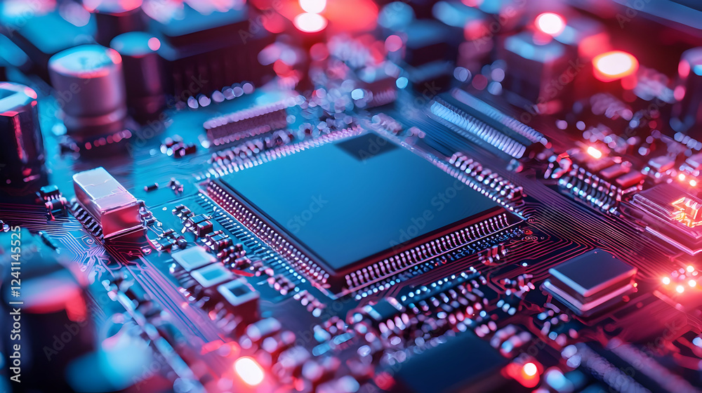 Poster close-up view of a computer circuit board with glowing components and intricate details