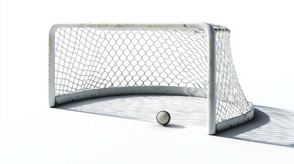 A realistic hockey goal with a puck lodged in the net, isolated on a pristine white background, high-detail rendering, crisp shadows, sports-focused