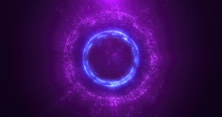 A radiant purple energy ring with glowing particles in a dark cosmic background, symbolizing futuristic technology, space, and power