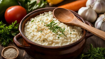 A rustic kitchen scene with a wooden spoon resting in a pot of risotto, surrounded by fresh vegetables, herbs, and spices, showcasing the ingredients used for a homemade meal.