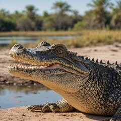 Obraz premium A crocodile basking in the sun, isolated on a white background.