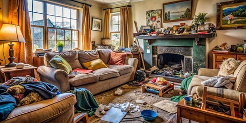 Messy Living Room with Fireplace & Couch - Authentic Documentary Style Stock Photo