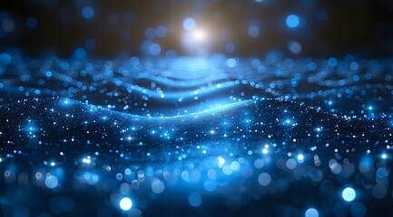Abstract blue glowing waves with bokeh light effects on dark background, creating magical atmosphere for technology and digital concepts.