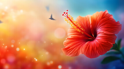 Fototapeta premium A vibrant red hibiscus flower against a colorful blurred backdrop, showcasing nature's beauty and tranquility.