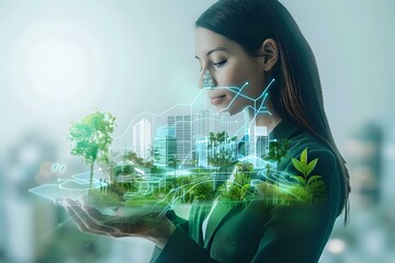 Young Asian businesswoman holding holographic sustainable city projection with green buildings, renewable energy charts and growing plants.