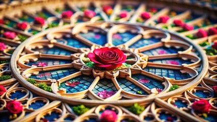 Fototapeta premium Miniature Rose Window Architectural Detail: Square Frame, Half Section, Tilt-Shift Photography