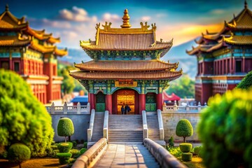 Naklejka premium Miniature Temple Entrance: Whimsical Tilt-Shift Photography