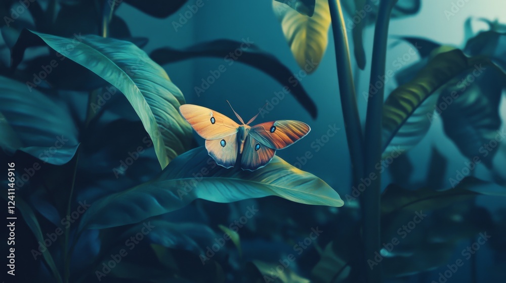 Poster a serene garden setting featuring a moth resting on a leaf at dusk, capturing the calm atmosphere an