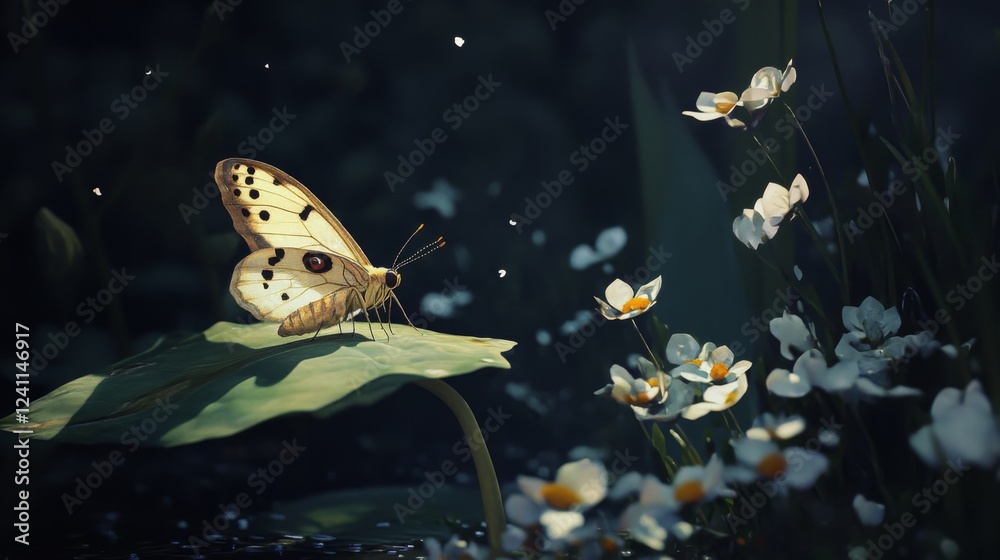 Poster a serene garden setting featuring a moth resting on a leaf at dusk, capturing the calm atmosphere an
