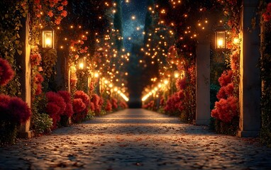 A serene pathway illuminated by lanterns and surrounded by blooming flowers, creating a magical atmosphere under a starry night sky.