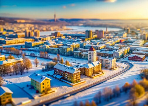 Miniature Winter Wonderland: Siberian Cityscape, Snowy Streets & Buildings on a Sunny Day