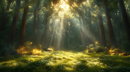 Fototapeta premium Sunbeams illuminate mystical forest clearing; morning light