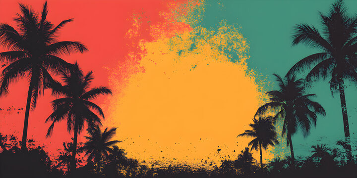 Grunge background with colors in reggae style in an evening feel, complete with coconut tree silhouette and space in the middle for text.