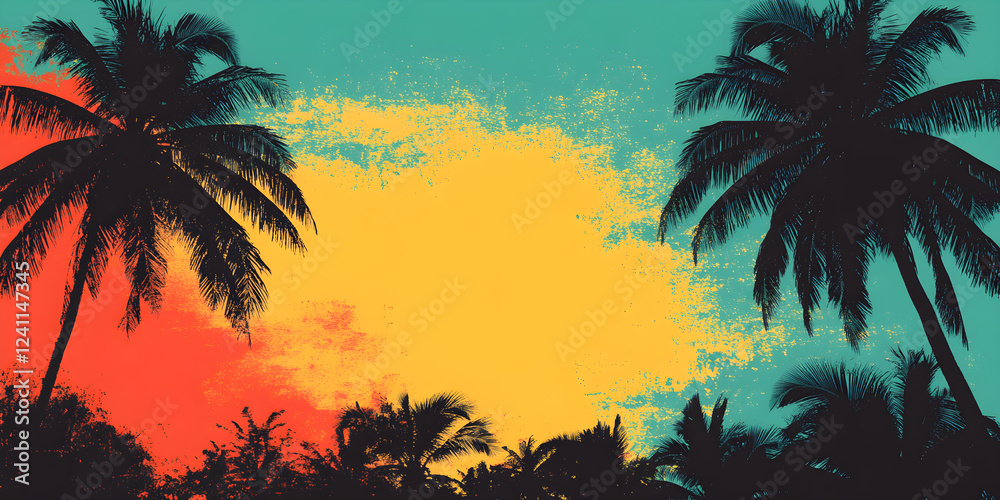 Wall mural grunge background with colors in reggae style in an evening feel, complete with coconut tree silhoue