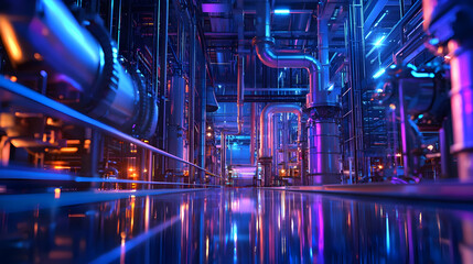 Futuristic industrial facility with vibrant lighting and intricate piping systems