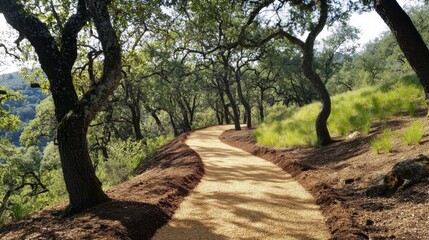 Obraz premium A serene hiking trail surrounded by newly planted trees, inviting outdoor enthusiasts to enjoy and appreciate the beauty of restored natural landscapes.