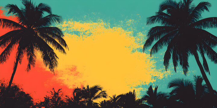 Grunge background with colors in reggae style in an evening feel, complete with coconut tree silhouette and space in the middle for text.