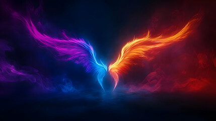 Fototapeta premium A vibrant representation of duality symbolized by colorful phoenix wings in a mystical setting.