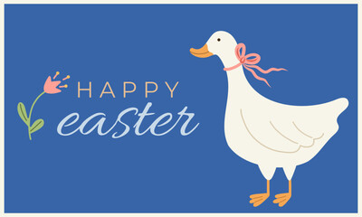 Happy Easter Greeting Card with goose and bow, flower. Vector flat illustration on dark blue background