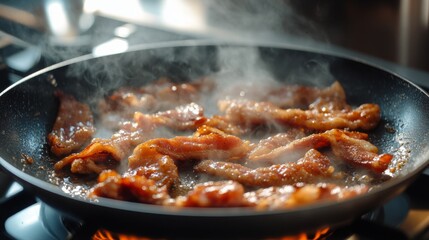 A sizzling pan of crispy bacon strips cooking on a stovetop, with golden-brown edges and the delicious aroma wafting through the kitchen.