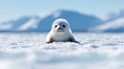 Arctic pup seal, ice floe, mountains.  Wildlife postcard