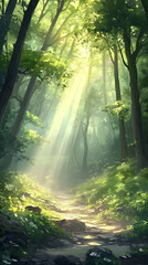 Fototapeta premium Sunlight Piercing Mist in a Tranquil Forest Clearing