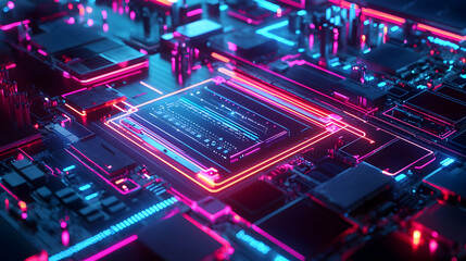 Obraz premium Futuristic circuit board with vibrant neon lights showcasing technology