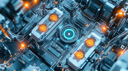 Futuristic robotic assembly line featuring electric car battery cells, showcasing intricate machinery and glowing components. scene highlights advanced technology and innovation
