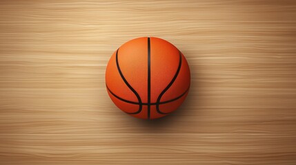 Obraz premium Detailed top view of an orange basketball resting on a clean brown court surface, designed with negative space for text placement