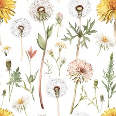 Obraz premium Colorful floral pattern featuring various wildflowers on a white background