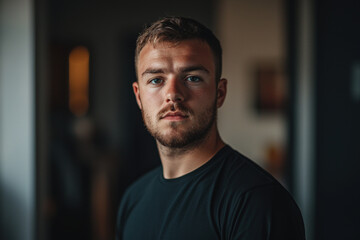 Obraz premium Intense gaze of a young man captured in soft indoor lighting
