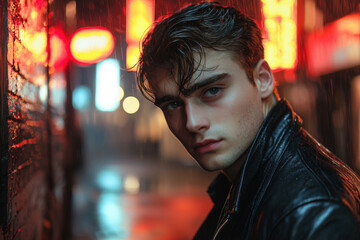 Urban night vibes with a young man against neon lights and rain