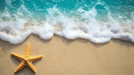 Starfish on sandy beach with gentle waves lapping at the shore