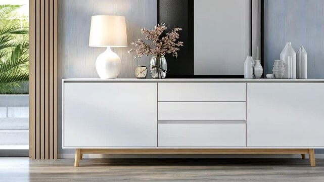 A stylish living room features a sleek white cabinet, decorative vases, a lamp, and a soft color palette creating a serene atmosphere