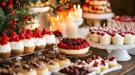 Festive Dessert Table with Assorted Cakes and Berries Display