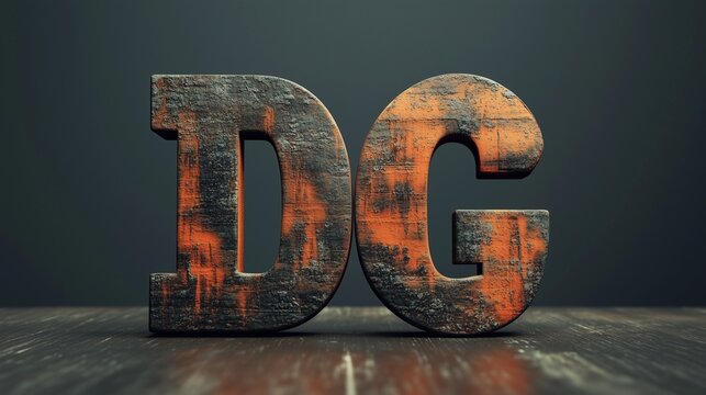 a weathered wooden sign with the letters dg standing on a rustic table