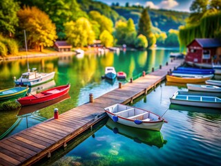 Obraz premium Miniature Lakeside Landing: Tilt-Shift Photography of a Peaceful Harbor