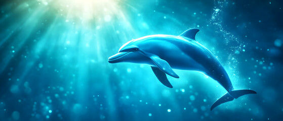 Obraz premium A vibrant underwater scene featuring a dolphin swimming gracefully in blue waters, illuminated by sunlight.
