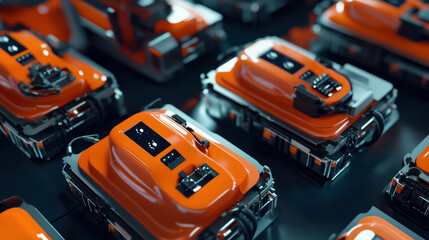 High tech electric car battery cells in assembly line, showcasing advanced robotics and automation. vibrant orange color adds modern touch to industrial setting