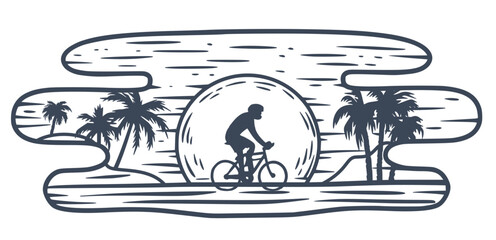 Silhouette of cyclist riding along a tropical beach with palm trees at sunset, promoting a healthy and active lifestyle amidst beautiful natural scenery