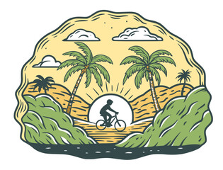 Tropical landscape with cyclist riding a bicycle near the ocean at sunset, enjoying the view of palm trees and hills, promoting sustainable tourism and outdoor activities