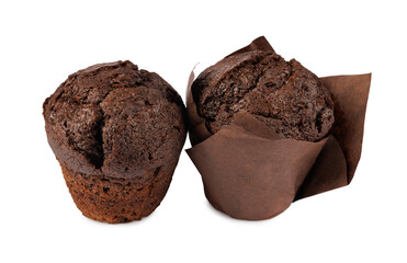 Two chocolate muffins in brown paper cup isolated on white background.