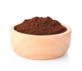 Coffee powder in wood bowl on white background