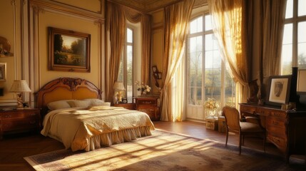 Fototapeta premium A stunning interior of a European-style bedroom featuring vintage furniture, elegant drapes, and large windows that let in natural light, creating a serene retreat.
