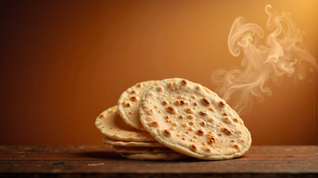 Steaming chapati with warm glow on wooden surface, culinary delight