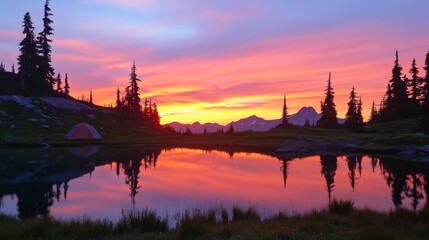 Fototapeta premium A stunning sunrise over a mountain campsite, with a tent in the foreground and the vibrant colors of dawn reflecting on a nearby lake, creating a breathtaking view.