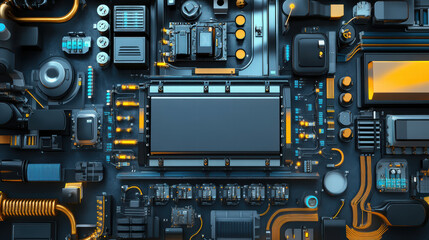 Fototapeta premium close up view of complex circuit board featuring various electronic components, including chips, capacitors, and connectors, illuminated with blue and orange lights, showcasing modern technology