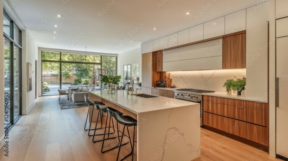 Poster a stylish minimalist kitchen with sleek cabinetry, a large island, and minimal decor, emphasizing fu