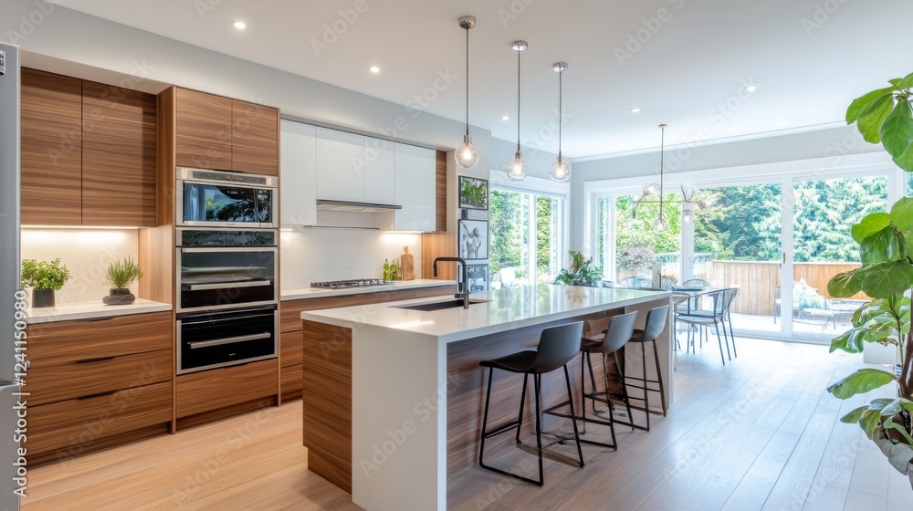 Poster a stylish minimalist kitchen with sleek cabinetry, a large island, and minimal decor, emphasizing fu